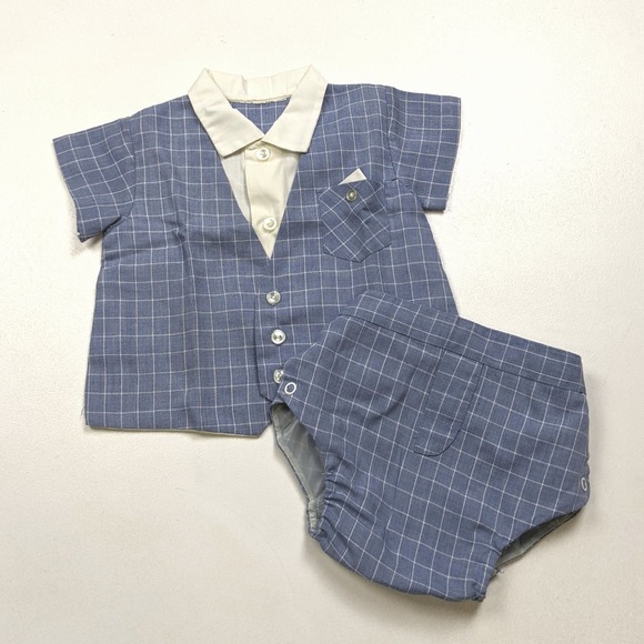 Vintage Other - Vintage Outfit Baby Boys Sz 3-6m Muted Blue Windowpane Plaid Spring Easter
